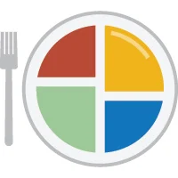 A divided plate with sections in red, yellow, green, and blue next to a fork, symbolizing balanced meal portions.