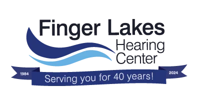 Logo for Finger Lakes Hearing Center, celebrating 40 years of service from 1984 to 2024.