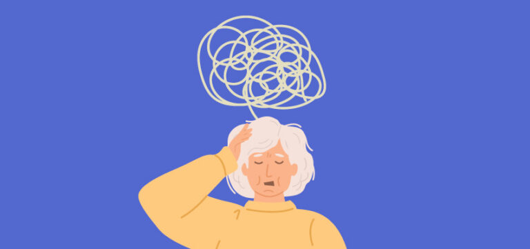 Illustration of a person holding their head in distress under a tangled scribble, representing confusion, stress, or brain fog