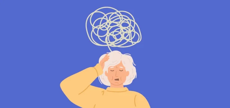 Illustration of a person holding their head in distress under a tangled scribble, representing confusion, stress, or brain fog